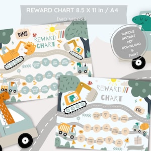 May include: Two printable reward charts for children featuring a dinosaur and construction vehicle theme. Each chart has a road with spaces for stickers or stamps to track progress over two weeks. The charts are 8.5 inches by 11 inches and are available as an instant PDF download.