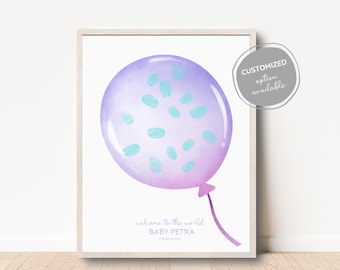 Signo de huellas dactilares de baby shower, libro de visitas de huellas dactilares de globo púrpura pastel, libro de visitas personalizado, baby shower creativo, arte de pared de guardería