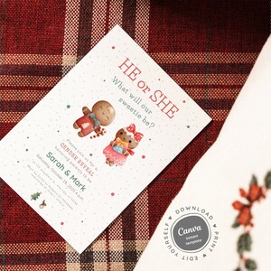 Gingerbread Man Gender Reveal Invitation, invitation vintage baby shower, baby shower d’hiver, carte d’invitation modifiable, téléchargement instantané 24
