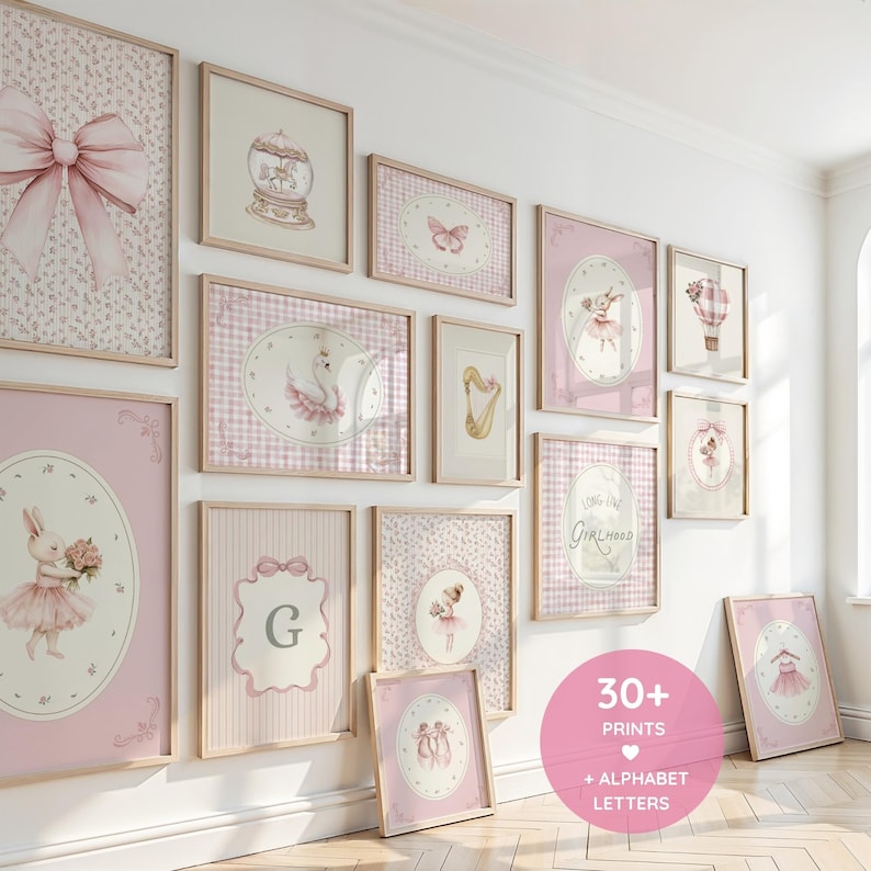 May include: A collection of framed art prints in various sizes, featuring a soft pink and white color scheme. The prints depict ballet dancers, bows, a swan, and other whimsical designs. The text on the image says "30+ Prints + Alphabet Letters."