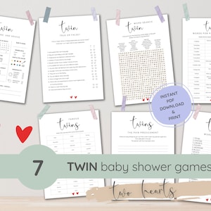 Puede incluir: Siete juegos imprimibles para baby shower de gemelos con fondo verde claro. Los juegos incluyen: Predicciones y consejos, Verdadero o falso, Búsqueda de palabras, Palabras para padres de gemelos, Gemelos famosos, El dilema justo y Descifrar palabras. Los juegos están decorados con corazones y el texto "dos corazones".