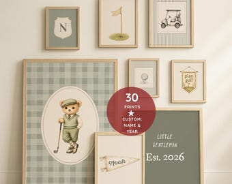 Golf Nursery Wall Art, Personalized Name & Birth Year, Sage Green Preppy Decor, Little Gentleman Golf Poster, Nursery Gallery Wall Boy