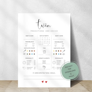 Babyshower tweeling voorspellingskaarten, minimalistische tweeling baby's raadt kaarten, afdrukbaar babyshowerspel, kant-en-klaar partyspel, direct downloaden