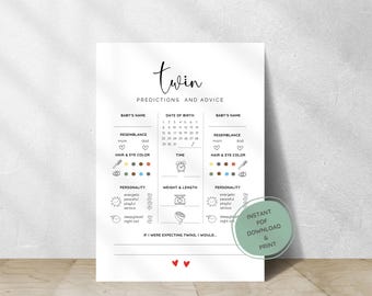 Karty do przewidywania narodzin bliźniaków na Baby Shower, Minimalistyczne karty do zgadywania narodzin bliźniaków, Gra na Baby Shower do druku, Gotowa gra na imprezę, Natychmiastowe pobieranie