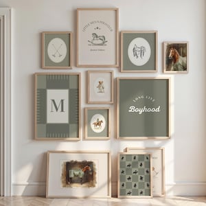 May include: A collection of framed wall art with a vintage aesthetic. The prints feature equestrian themes, including horses, polo equipment, and text. The color palette includes shades of green, beige, and brown, creating a cohesive and classic look. The frames are light wood.