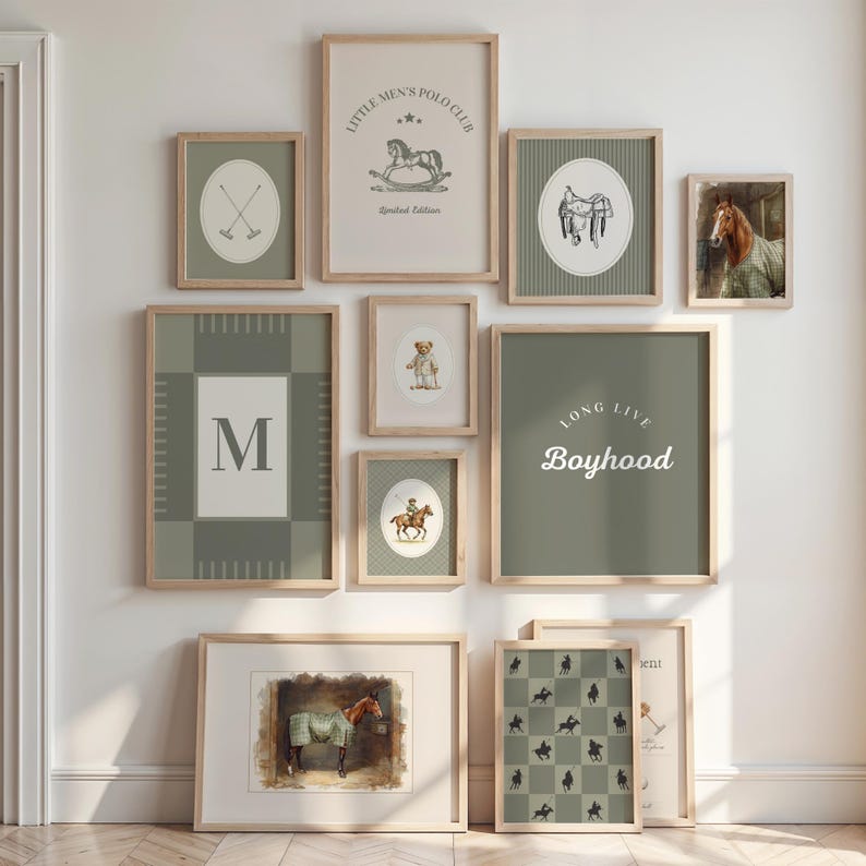 May include: A collection of framed wall art with a vintage aesthetic. The prints feature equestrian themes, including horses, polo equipment, and text. The color palette includes shades of green, beige, and brown, creating a cohesive and classic look. The frames are light wood.