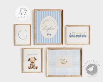 Long Live Boyhood Gallery Wall & Alphabet, Pastel Blue Boy Initial Poster, Vintage Baby Blue Boy Nursery Art Prints, Retro Boyhood Posters