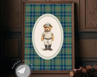 Vintage Polo Teddy Bear Poster + Polo Equipment Gift, Ralph Polo Teddy Nursery Art, Navy Blue Plaid Wall Art, Boy Nursery Sports Print