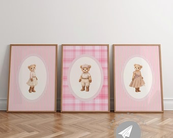 Pink Ralph Polo Teddy Poster Bundle, Fashion Teddy Bear Nursery Art, Pink Ralph Teddy Print, Grandmillennial Print, Polo Teddy Bear Wall Art