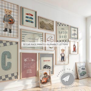 May include: A gallery wall of framed prints with a racing theme. The prints depict vintage race cars, a teddy bear in racing gear, and the text "Little Racer Dude". The text "30 CAR RACE PRINTS + ALPHABET LETTERS" is also visible. The frames are in various sizes.
