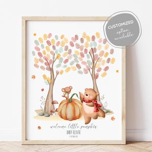 Cute Bear & Mouse Fingerprint Tree for Baby Shower Pumpkin Nursery Guestbook Forest Theme Memory Book Cute Woodland Animals Fingerprint Tree