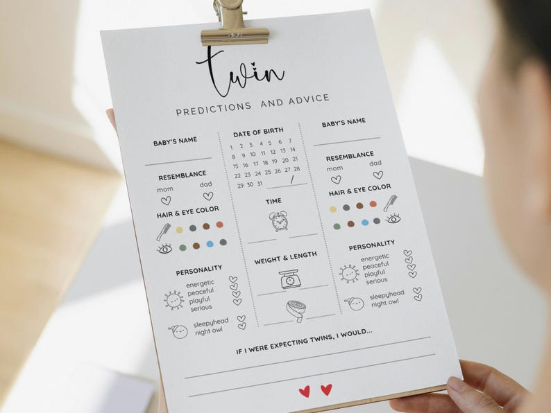 May include: A printable twin baby shower game with a white background and black text. The game includes sections for predicting the babies' names, date of birth, resemblance to parents, hair and eye color, personality, weight and length. The game also includes a section for the guest to write what they would do if they were expecting twins.