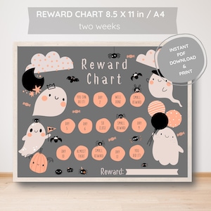 Puede incluir: Tabla de recompensas imprimible con temática de Halloween para niños. La tabla presenta un fondo gris con lindas ilustraciones de fantasmas y un calendario de dos semanas con opciones de recompensas diarias. El texto en la tabla dice "Tabla de recompensas" y "¡Puedes hacerlo!"