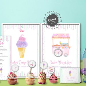 May include: Printable party decorations for an ice cream themed party. The set includes a menu, two signs, cupcake toppers, a water bottle label, and a food label. The signs feature a watercolor illustration of an ice cream cone and an ice cream cart. The cupcake toppers feature a watercolor illustration of an ice cream cone. The water bottle label features a watercolor illustration of an ice cream cone. The food label features a watercolor illustration of an ice cream cone. The text on the signs reads "Custom Design & Sign" and "Custom Design Sign". The text on the food label reads "Fully Edible Food Label".