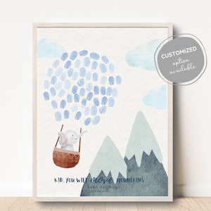 Libro degli ospiti con impronta digitale della mongolfiera, arte della parete dell'asilo nido, arredamento per bambini, poster dell'asilo nido, decorazione della parete degli animali con impronte digitali, regalo per la doccia per bambini, citazione