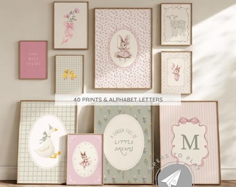 Spring Nursery Wall Art Set, Bunny Goose Lamb Prints, Baby Girl Room Decor, Pink Sage Green Cottagecore Nursery Decor, Ballerina Bunny Print