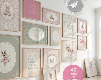 Frühling, Kinderzimmer Dekor, Häschen, Gans Lamm Drucke, Baby Mädchen Dekor, Rosa Salbei Grün Cottagecore Kinderzimmer Dekor, Ballerina Häschen Druck