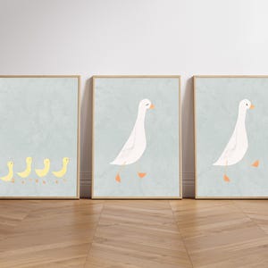 Set di poster a trittico con famiglia di oche sciocche verde pastello, set da parete con famiglia di oche in stile Japandi, decorazione da parete per la cameretta dei bambini, morbida e minimalista, 30