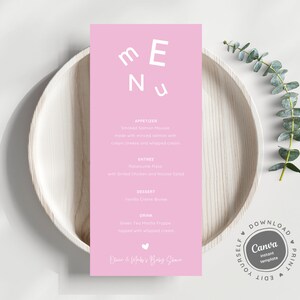 Tarjeta de menú de ducha rosa, menú imprimible de baby shower de invierno, diseño de tipografía minimalista, plantilla pastel de caramelo de moda, descarga instantánea, 21