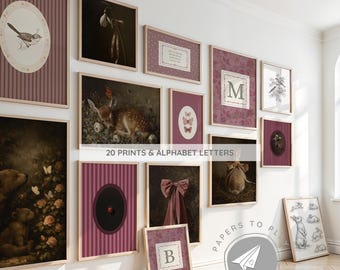Moody Heirloom Nursery Gallery Set, Burgundy Plum Antique Wall Art, Vintage Woodland Fine Art Print, Dark Feminine Playroom Decor, Quote Art