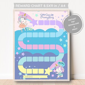 May include: A printable reward chart featuring a unicorn design. The chart has a blue, pink, and yellow color scheme with stars and a rainbow. The text on the chart reads "You Can Do Everything" and "Just Try".