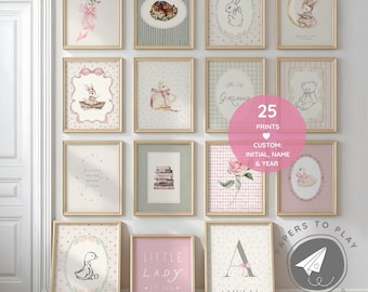 Rosa Kinderzimmer Galerie Wandkunst, Benutzerdefinierte Blumen Buchstaben Kinderzimmer, Bunny Cottagecore Mädchen Kinderzimmer Poster, Danke Himmel für kleine Mädchen Poster
