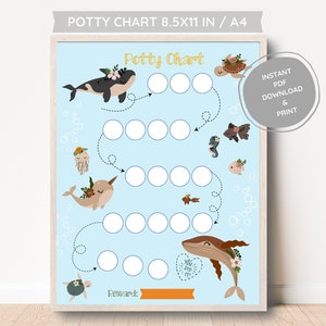 Zeedieren potje grafiek, vissen beloningsgrafiek peuters, zindelijkheidstraining grafiek, Instant Download, nautische beloningsgrafiek, kawaii peuter poster
