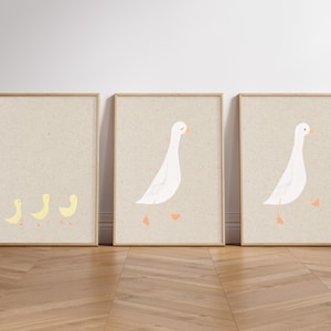 Impresión de la familia de gansos tontos Descarga de arte de pared minimalista para bebés Póster de papel artesanal beige pintado a mano Juego de impresiones de animales de granja para guardería Lindos gansos 30