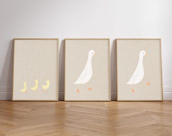Silly Goose Family Print Download Minimal Baby Wall Art Hand-Painted Beige Craft Paper Poster Farm Animal Nursery Print Set Cute Goslings 30