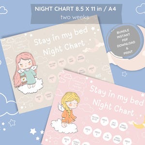 May include: Two printable night charts for kids featuring a pink and a beige background with a cartoon angel on each. The charts are titled "Stay in my bed Night Chart" and include a grid of circles for stickers or stamps. The text "Bundle Instant PDF Download & Print" is visible in the top right corner.
