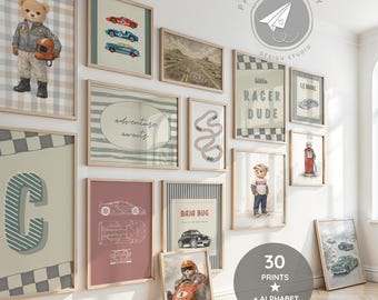 Rennwagen-Galeriewand, Vintage-Auto-Drucke für Jungen-Kinderzimmer, Sportwagen-Drucke Jungenzimmer, Jungen-Kinderzimmer-Alphabet, Rennsport-Galeriewanddekoration
