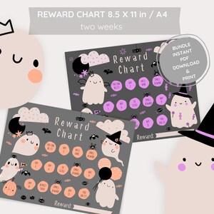 Puede incluir: Un gráfico de recompensas con temática de Halloween con ilustraciones de fantasmas, murciélagos y calabazas. El gráfico mide 21 x 29,7 cm y presenta el texto "Reward Chart" y "two weeks". El diseño incluye una descarga e impresión instantánea en PDF.