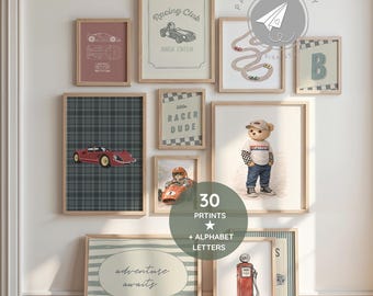 Printable Car Bundle, Vintage Race Car Prints + Boy Nursery Alphabet, Grand Prix Vintage Art, Sage Green Boy Room Art, Last Minute Boy Gift