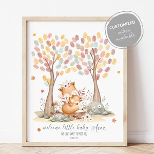 May include: A watercolor illustration of two trees with colorful leaves, a fox mom and baby, and the text "welcome little baby Ava. We can't wait to meet you."  The trees are designed for guests to add their fingerprints to the leaves.