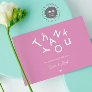Carte de remerciement baby shower, carte de douche rose tendance, typographie minimaliste, bonbons pastel, modèle imprimable modifiable, téléchargement instantané 21