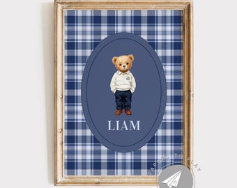 Personalized Ralph Teddy Bear Nursery Print Boys, Custom Name Blue Ralph Teddy Poster Vintage, Ralph Polo Art Blue, Grandmillennial Nursery