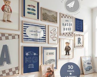 Marine Rennwagen-Galeriewand, Vintage Auto-Drucke für Jungen-Kinderzimmer, Sportwagen-Drucke Jungenzimmer, Jungen-Kinderzimmer-Alphabet, Autorennen-Kunst-Bundle
