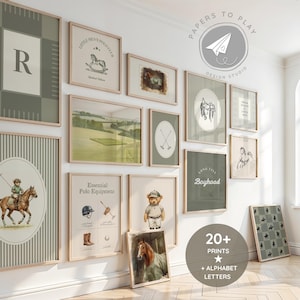 May include: A selection of framed art prints with a polo theme, featuring illustrations of horses, polo equipment, and text. The color palette includes shades of green, beige, and brown. The prints are displayed on a white wall.