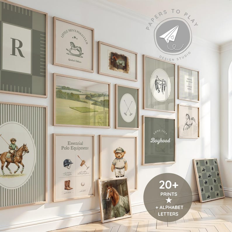 May include: A collection of framed art prints with a polo theme, featuring illustrations of horses, polo equipment, and text. The color palette includes shades of green, beige, and brown. The prints are displayed on a white wall.
