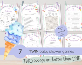 Vintage Twin Baby Shower Games Bundle, Retro Twin Baby Shower Game Kit, Printable Games, Instant Download, Preppy Design Party, Ice Cream