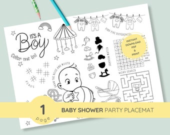 Könnte beinhalten: Ein schwarz-weißes, druckbares Babyparty-Platzset mit einem Babyjungen-Motiv. Es enthält eine Malvorlage, ein Suchwort, ein Schatten-Suchspiel und ein Finde-die-Unterschiede-Spiel. Der Text auf dem Platzset lautet "It's a Boy! Color me in!" und "Baby Shower Party Placemat".