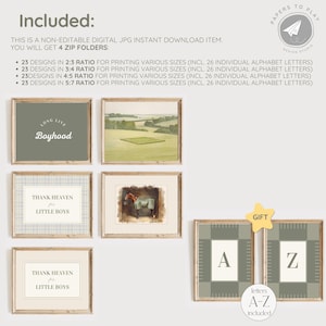 May include: A collection of framed art prints with a vintage aesthetic. The prints feature landscape scenes, text, and a horse illustration. The color palette includes greens, browns, and creams. The set includes alphabet letters A and Z.