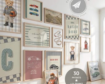 Racing Car Gallery Wall, Vintage Car Prints for Boy Nursery, Sports Car Prints Boys Rooms, Boy Nursery Alphabet, Racing Gallery Wall Decor