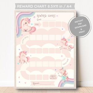 Könnte beinhalten: Druckbarer Belohnungs-Chart mit einem rosafarbenen Einhorn-Motiv. Der Chart hat oben einen Regenbogen und einen Weg mit Platz für Sticker oder Stempel. Der Text auf dem Chart lautet "Reward Chart", "Good", "Start", "Great You Did It" und "Reward".