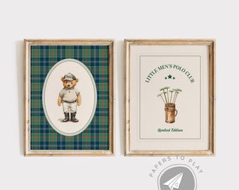 Ralph Teddy Bear Nursery Print, Polo Teddy Bear Wall Art, Green Boy Nursery, Dark Academia Preppy Vintage Decor, Boy Nursery Sports Print