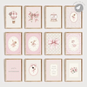 May include: A collection of twelve framed art prints with a vintage aesthetic. The prints feature watercolor illustrations of bows, hot air balloons, ballerinas, and floral arrangements in soft pink and cream tones. Some prints include text such as "Sisterhood" and "Thank Heaven for Little Girls."