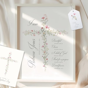 Rosa Taufe Wandkunst, christliche Mädchen Kinderzimmer Dekor, moderne christliche Kunst, personalisierte Taufe Blumenkreuz, Widmung Geschenk, Karte & Geschenkanhänger