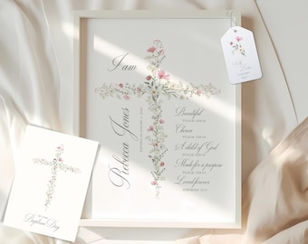 Arte de parede personalizada para batismo: cruz de flores, decoração cristã para berçário (arquivos digitais)