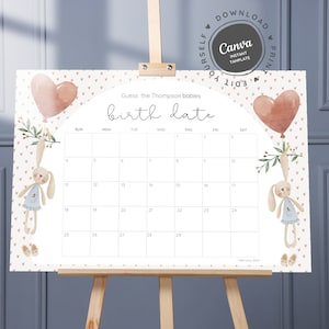 Puede incluir: Un juego de baby shower imprimible con un fondo de lunares rosa y blanco. El juego pide a los invitados que adivinen la fecha de nacimiento de los bebés Thompson. El juego presenta un calendario con un conejito sosteniendo un globo en forma de corazón a cada lado.