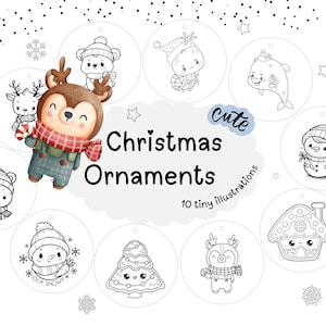 Kerstdecoratiebundel, kawai-dieren afdrukbare kerstboomversieringen, 10 afdrukbare cadeaukaartjes/kaarten, milieuvriendelijke kerstknutselset voor kinderen